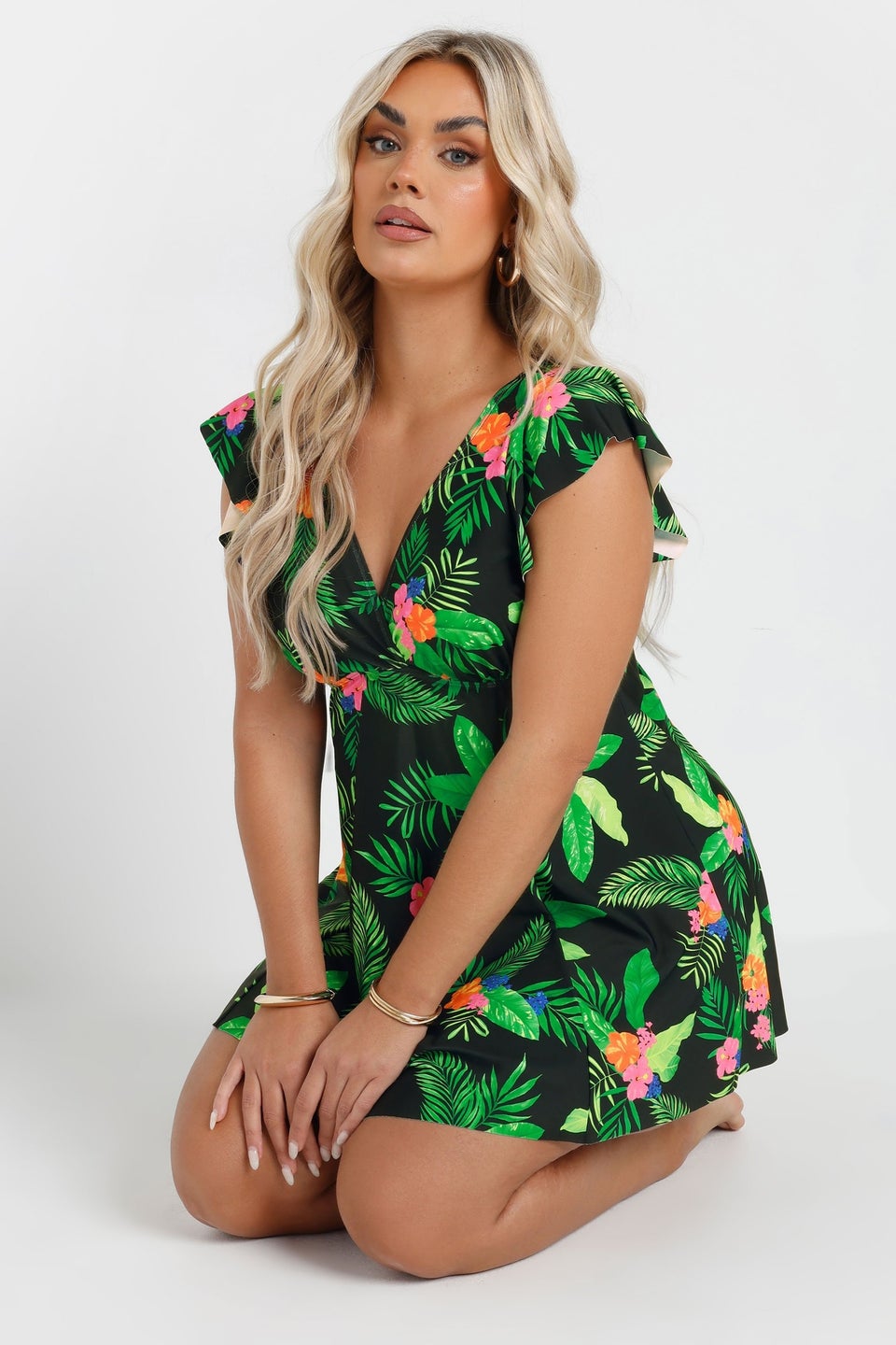 Yours Curve Black Hawaiian Floral Print Swim Dress