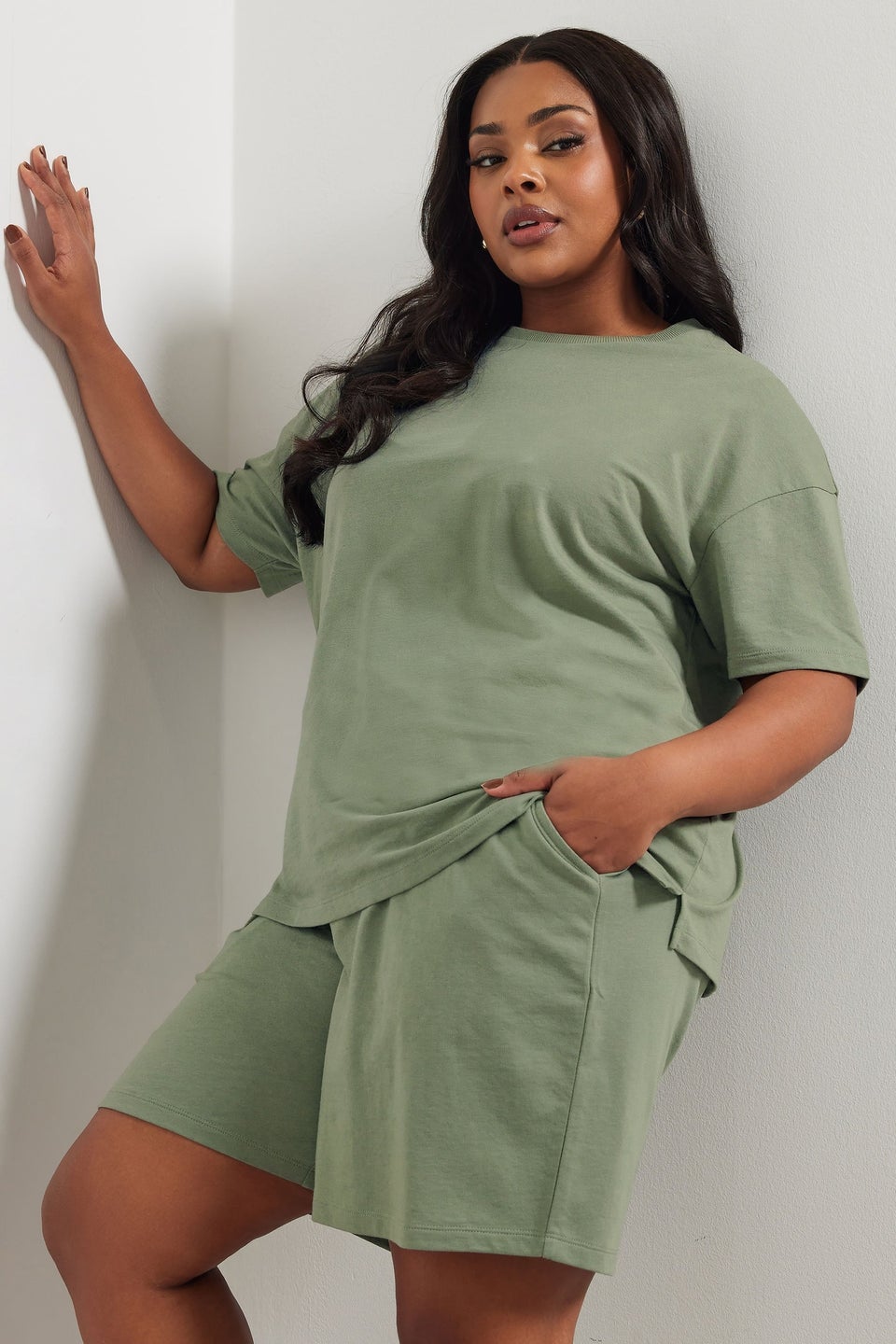 Yours Curve Khaki Green Sweat Jersey T-Shirt & Shorts Set