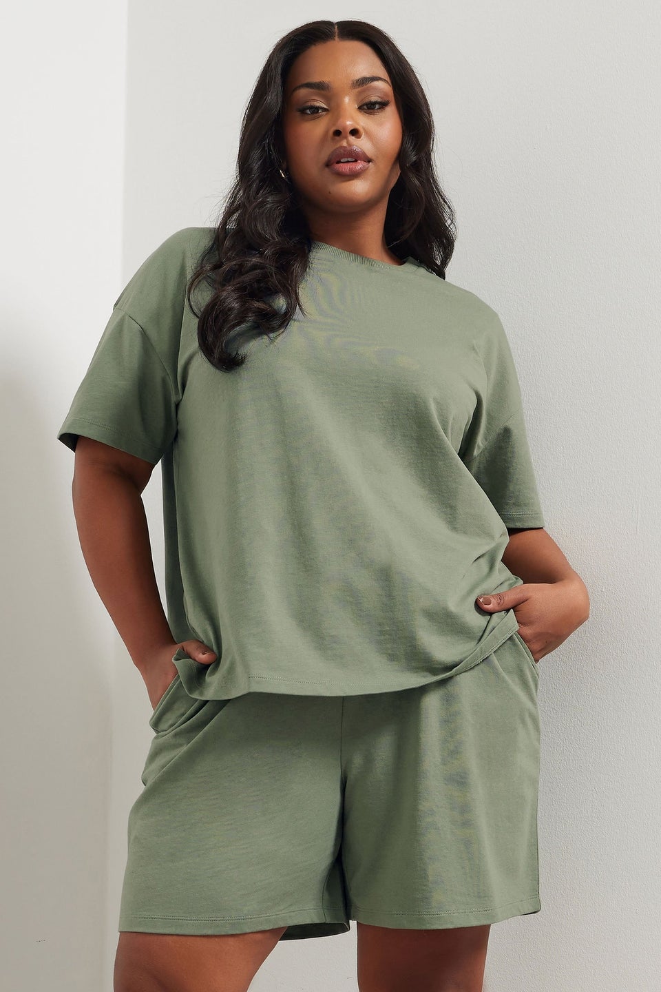 Yours Curve Khaki Green Sweat Jersey T-Shirt & Shorts Set