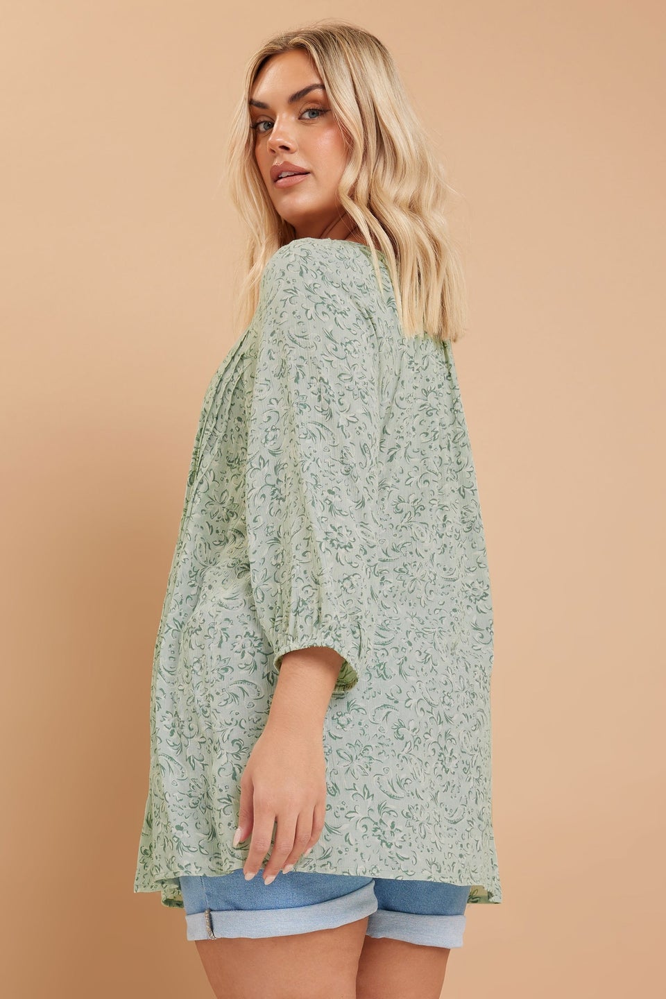 Yours Curve Sage Green Floral Paisley Print Tie Neck Top