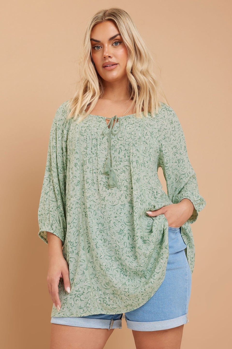 Yours Curve Sage Green Floral Paisley Print Tie Neck Top