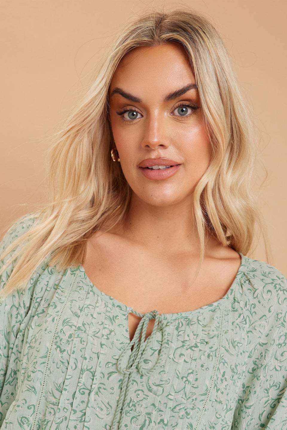 Yours Curve Sage Green Floral Paisley Print Tie Neck Top