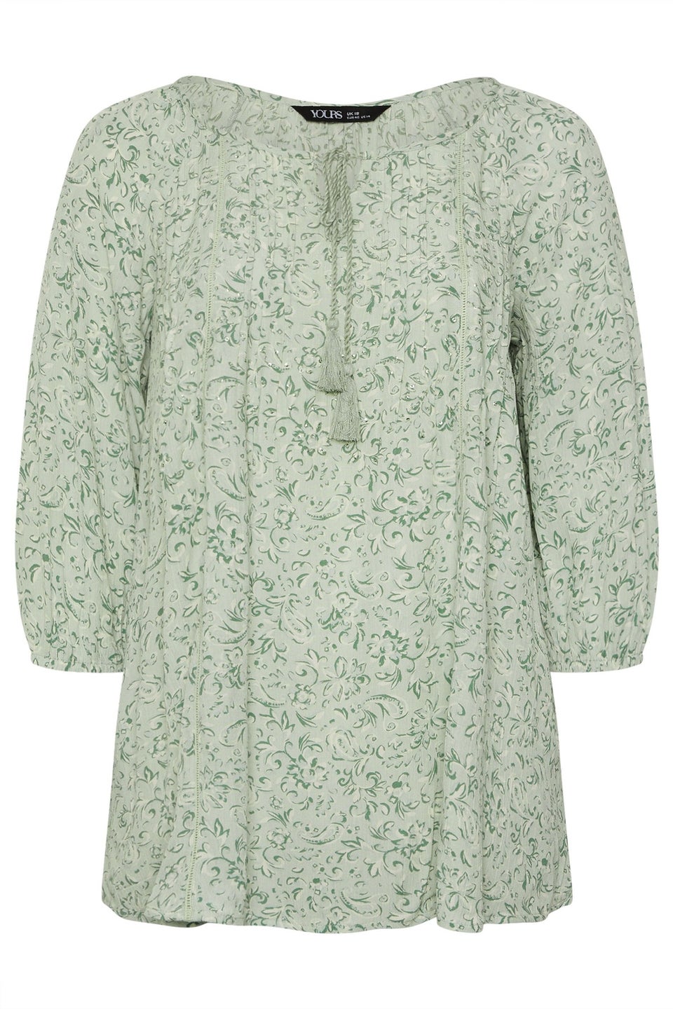 Yours Curve Sage Green Floral Paisley Print Tie Neck Top