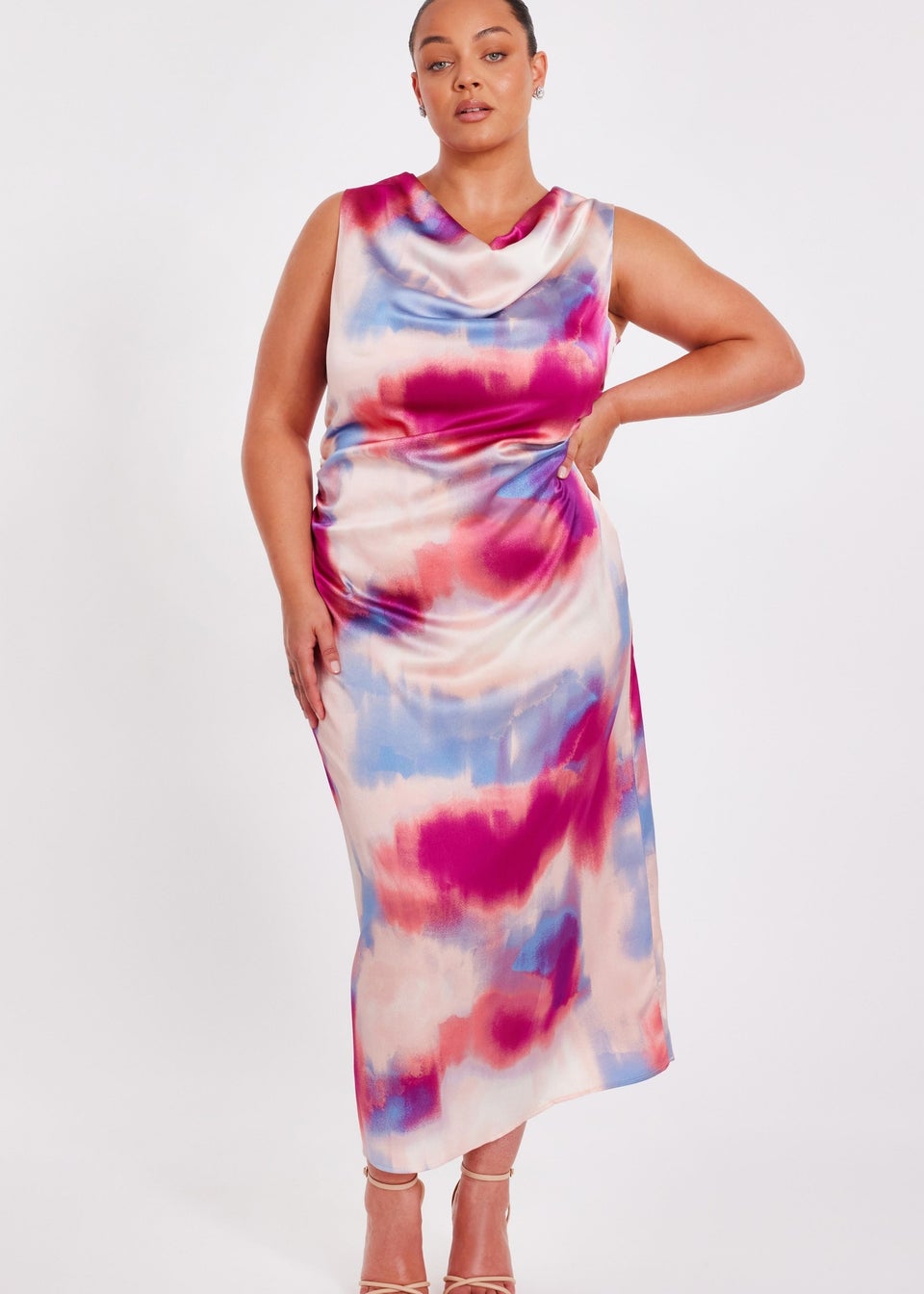 Quiz Multi Curve Satin Tie Dye Midi Dress