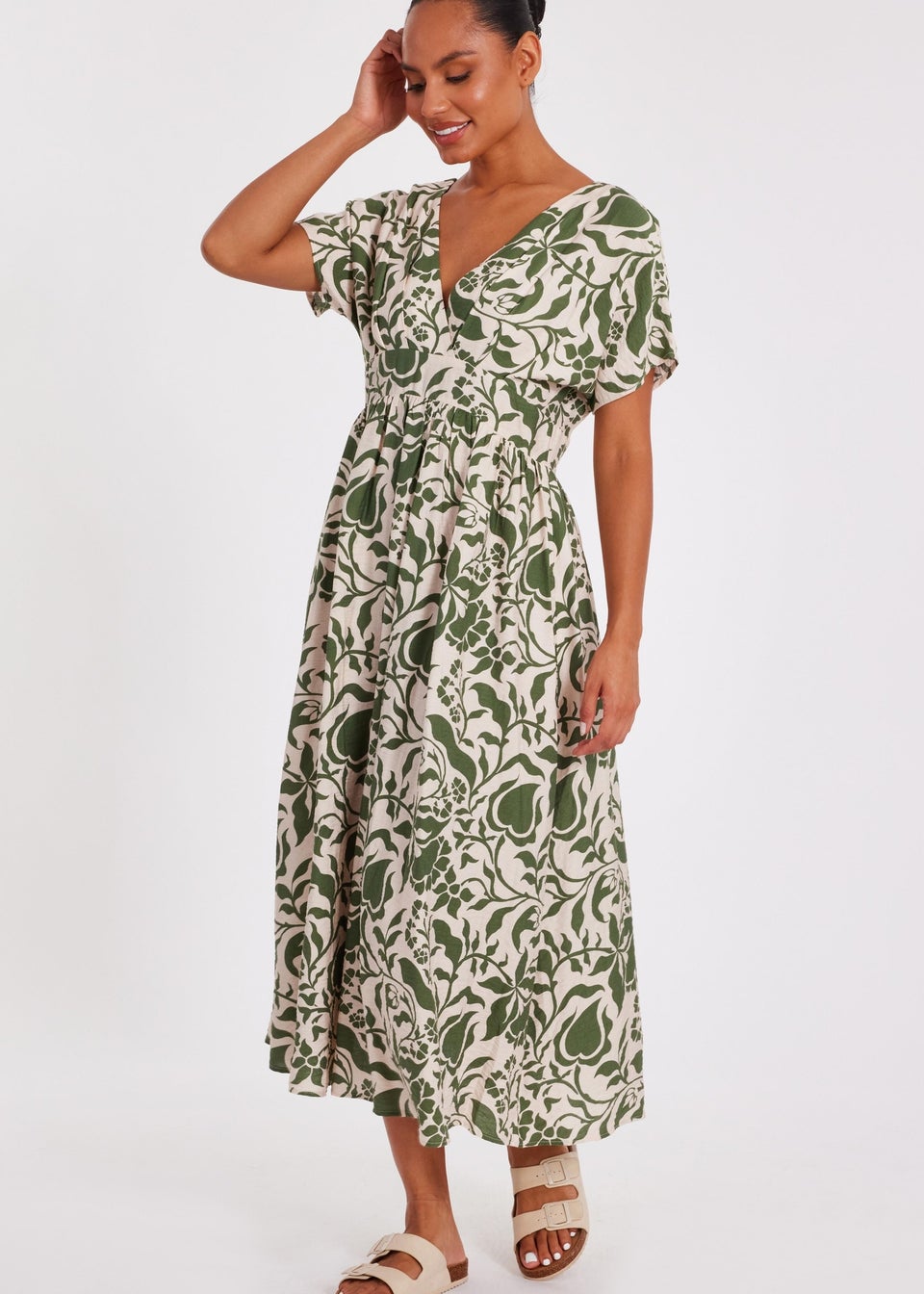 Quiz Khaki Tropical Print Midaxi Dress