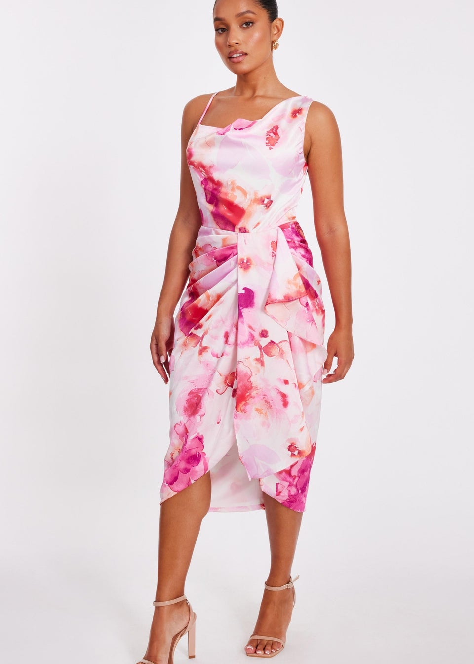Quiz Pink Petite Floral Print Midi Dress