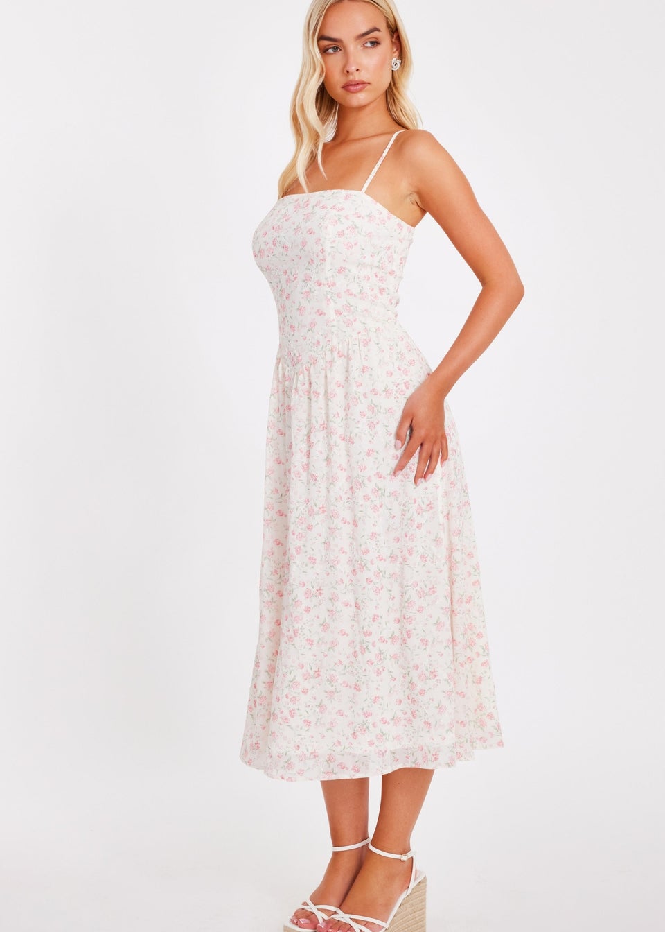 Quiz White Chiffon Floral Midi Dress