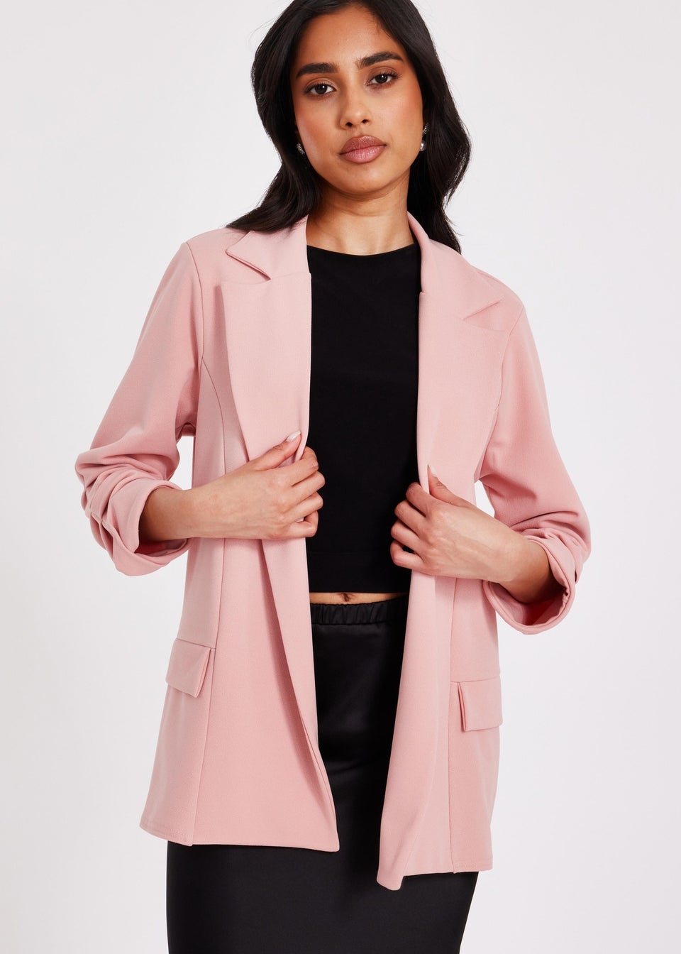 Quiz Pink Petite Ruched Sleeve Blazer