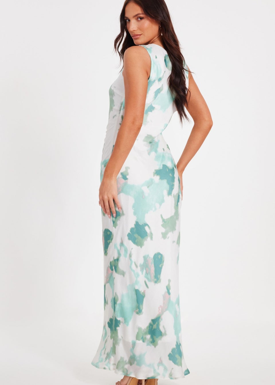 Quiz Green Satin Marble Midaxi Dress