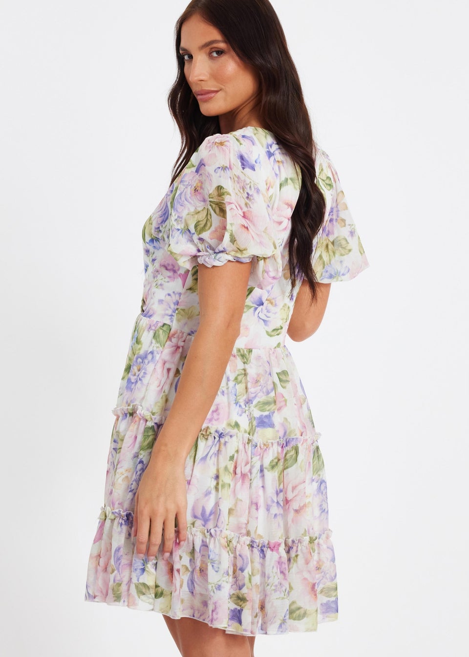 Quiz Multi Floral Chiffon Frill Mini Dress