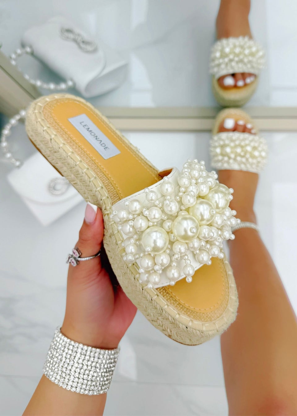 Love Lemonade White Sparkly Deluxe Pretty Pearl Platform Sliders