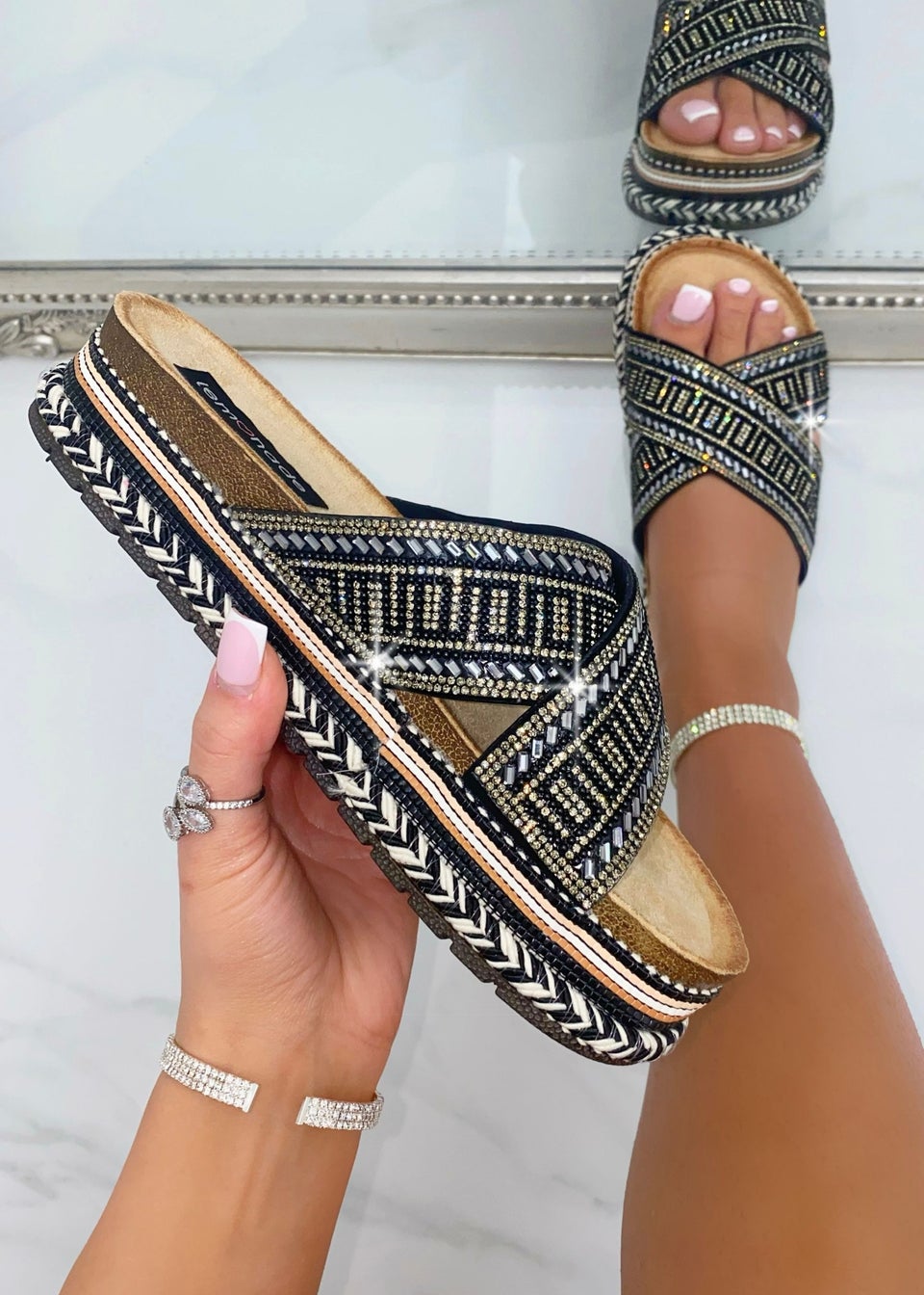 Love Lemonade Black Crystal Shimmer Wedge Sliders