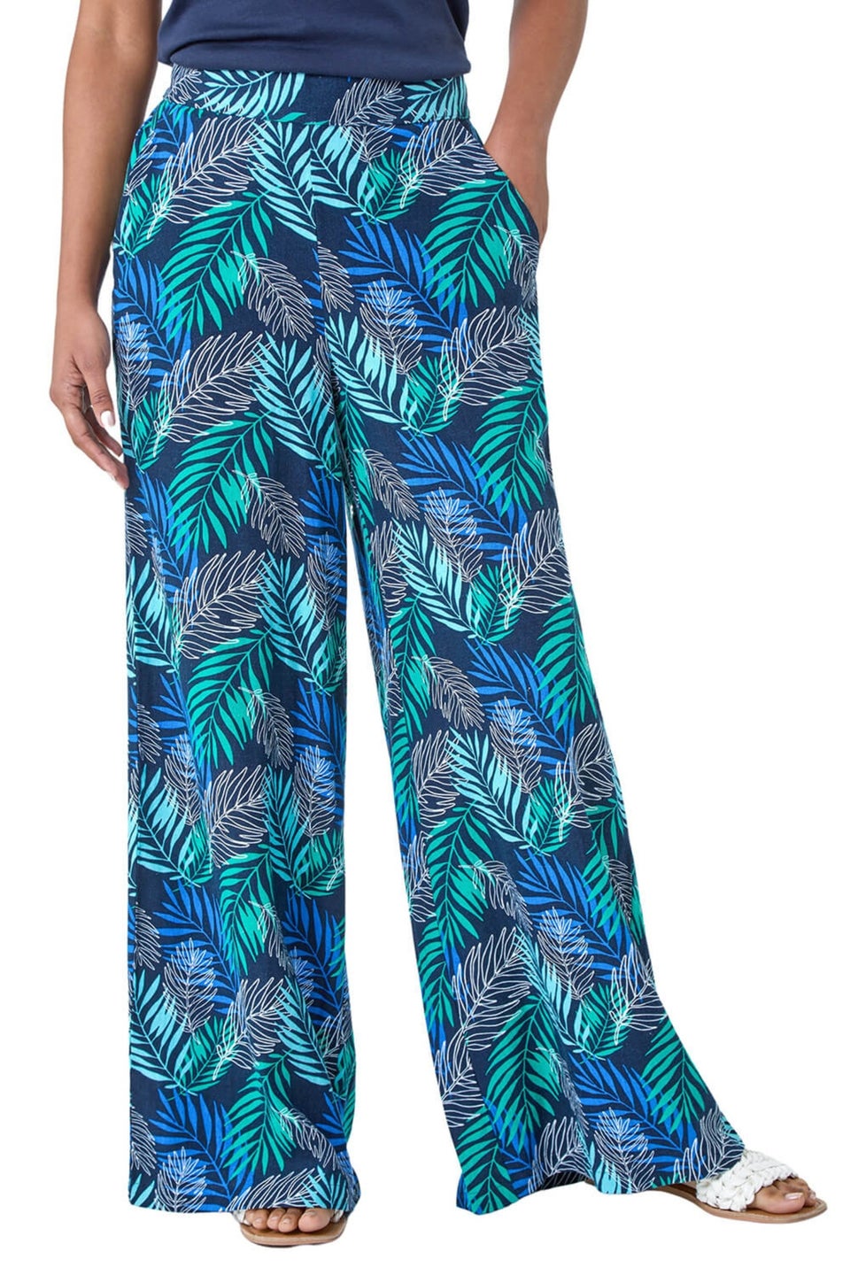 Roman Blue Leaf Linen Blend Wide Leg Trousers