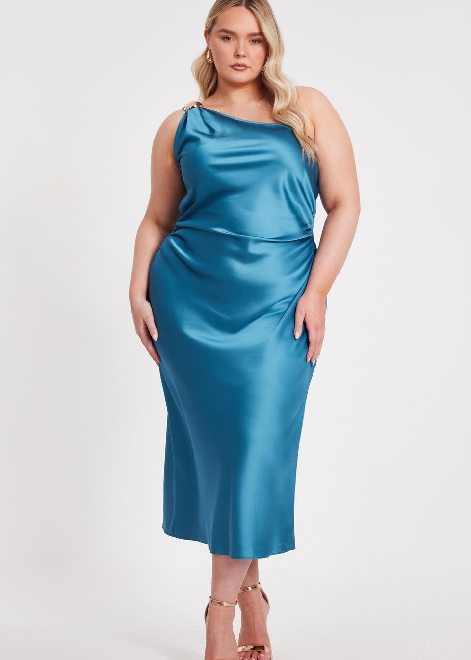 Quiz Turquoise Curve Satin One Shoulder Midaxi Dress