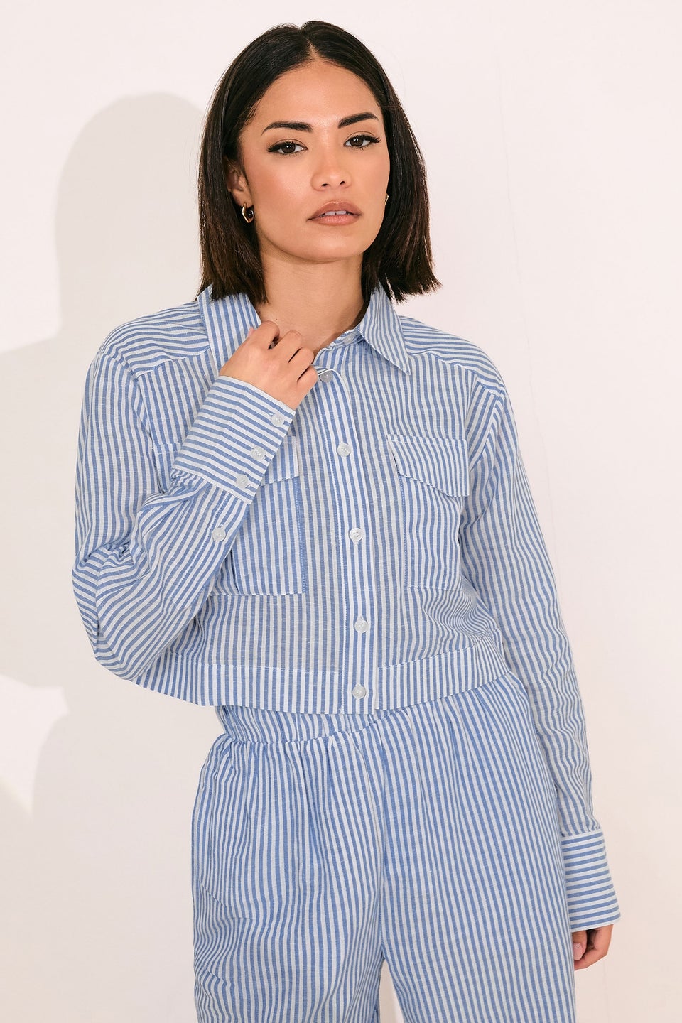 Pixiegirl Blue Linen Striped Pocket Shirt