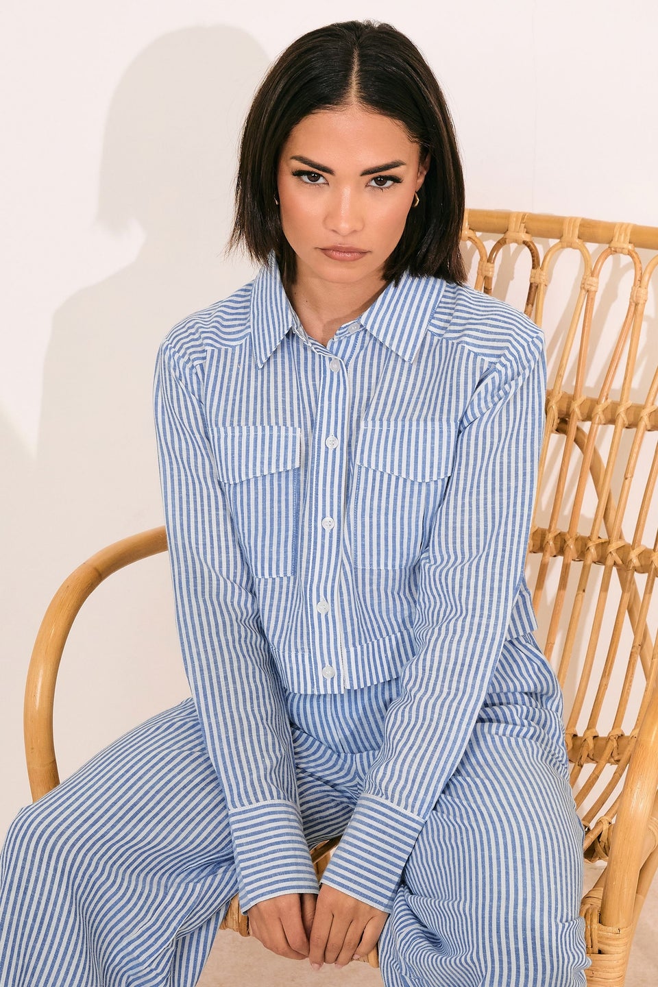 Pixiegirl Blue Linen Striped Pocket Shirt