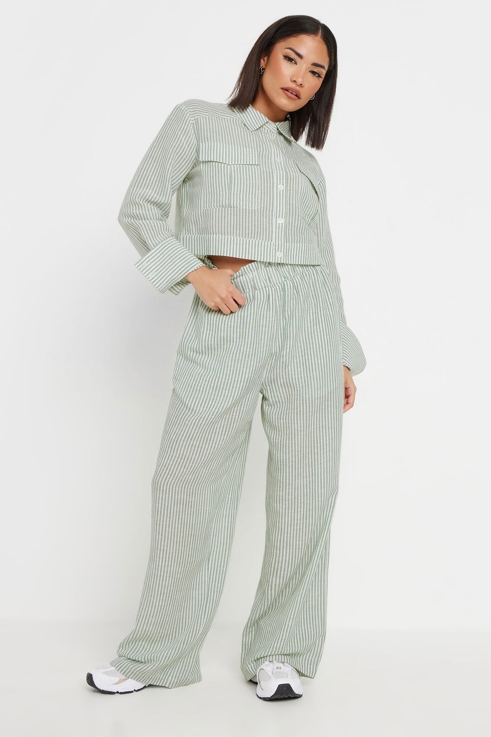 PixieGirl Petite Green Linen Striped Pocket Shirt