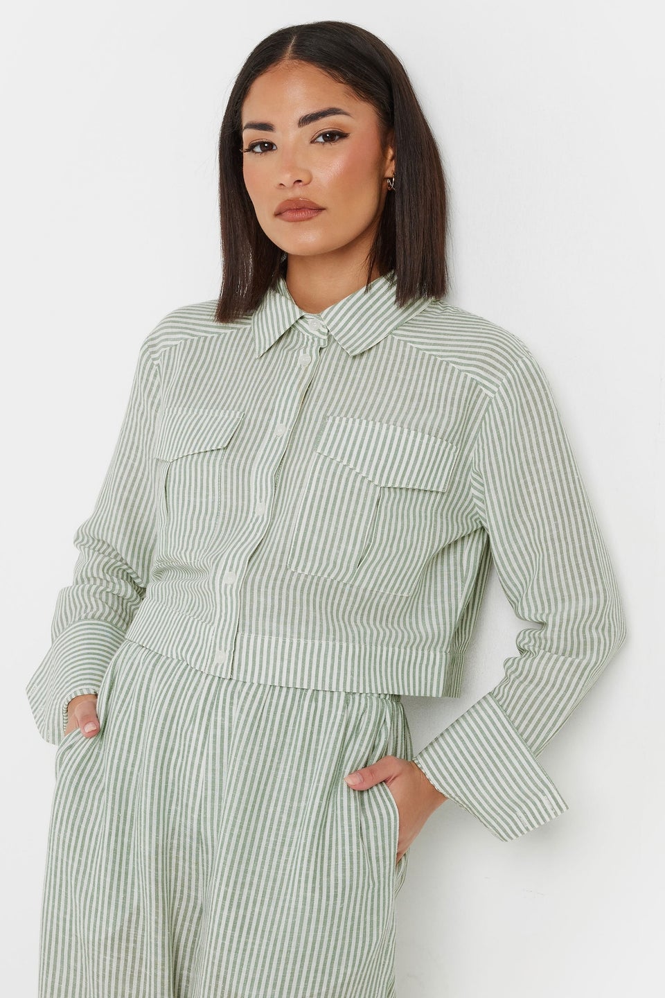 PixieGirl Petite Green Linen Striped Pocket Shirt