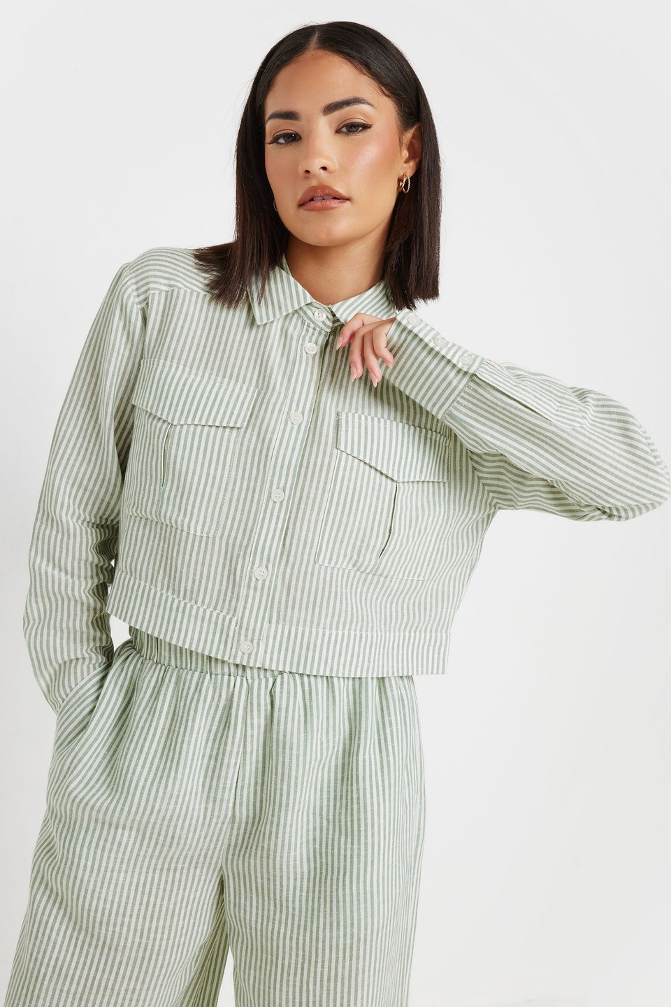 PixieGirl Petite Green Linen Striped Pocket Shirt