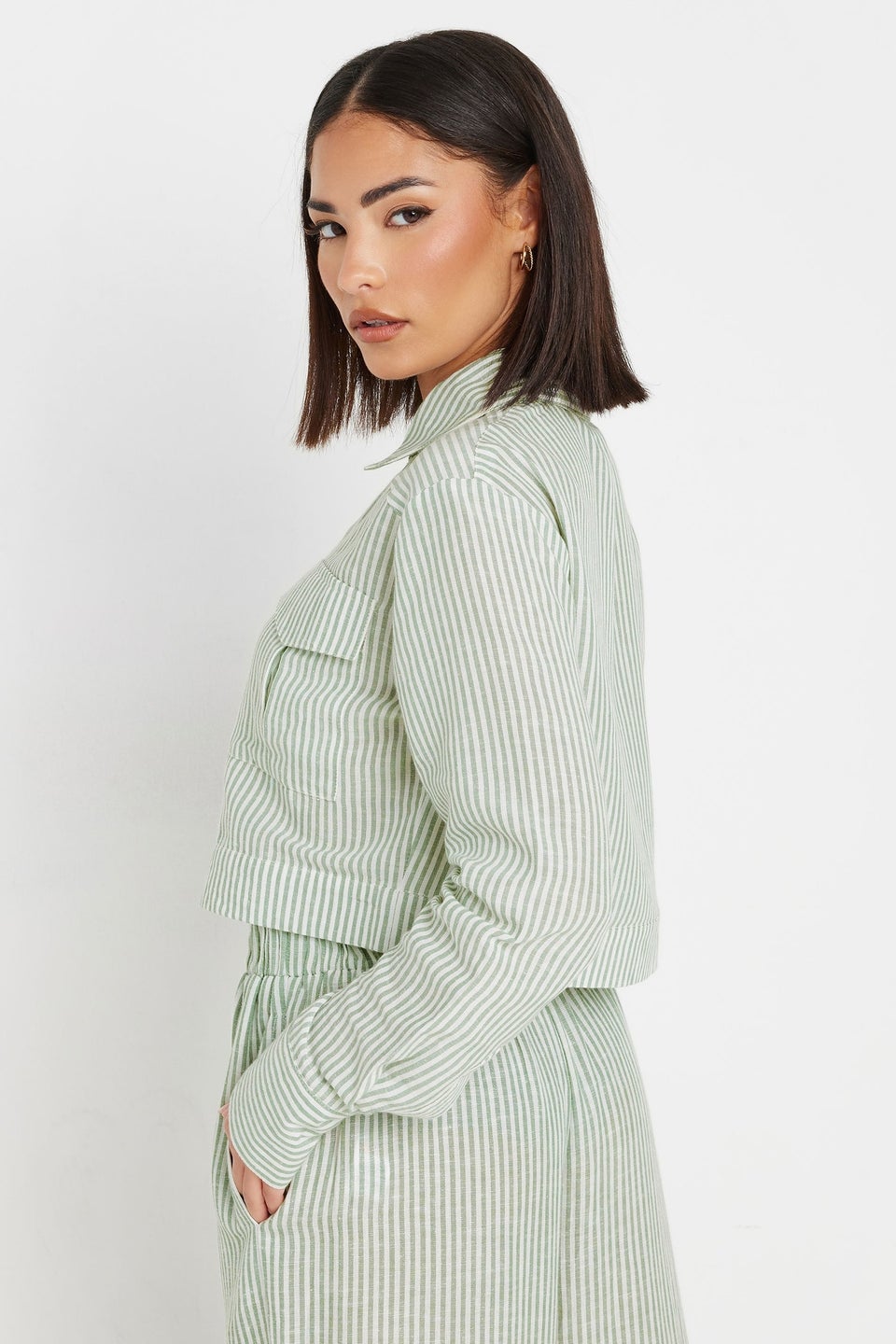 PixieGirl Petite Green Linen Striped Pocket Shirt