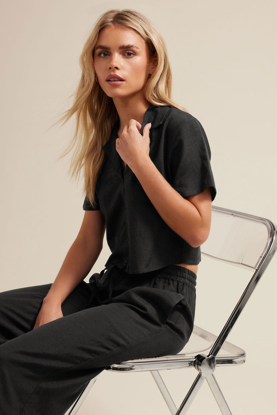 Pixiegirl Black Linen Cropped Short Sleeve Shirt