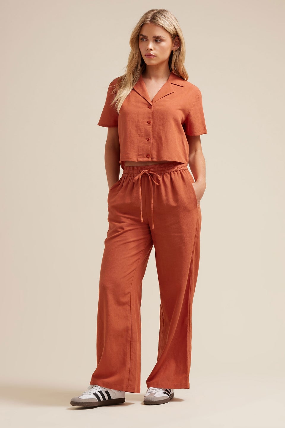 Pixiegirl Rust Orange Linen Cropped Short Sleeve Shirt