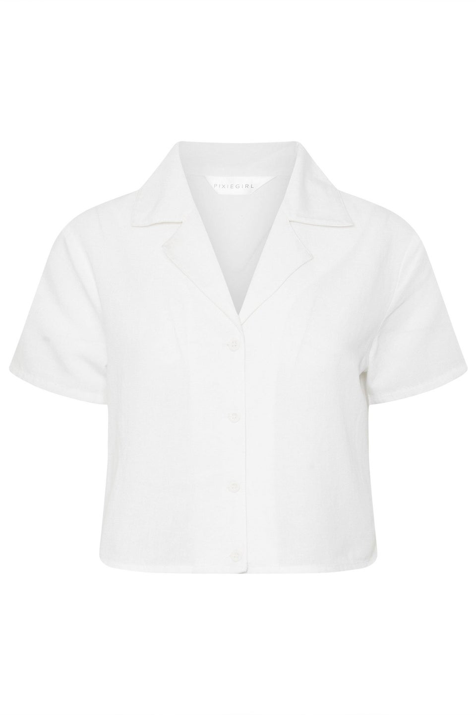 PixieGirl Petite White Linen Cropped Short Sleeve Shirt