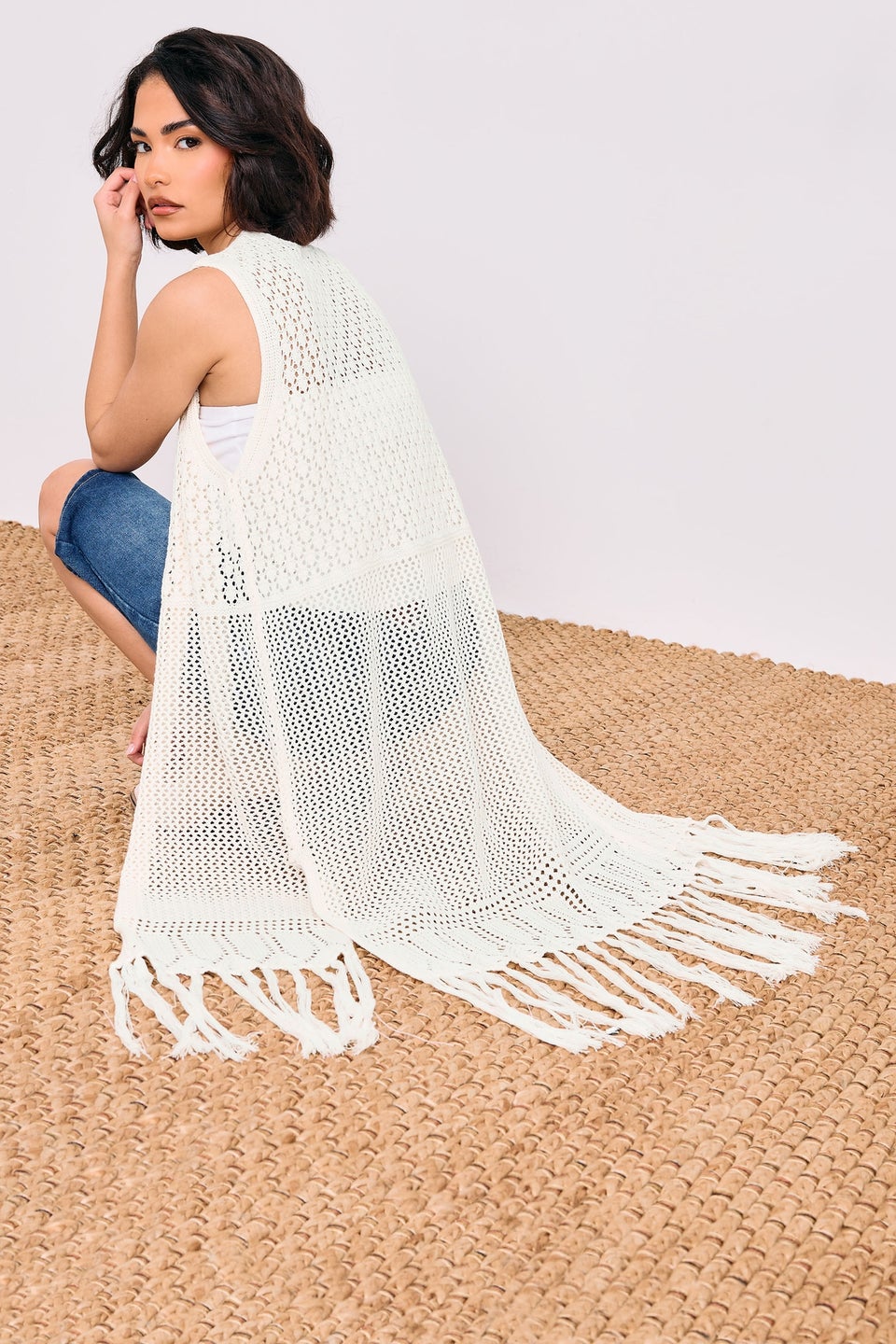 PixieGirl Petite Ivory White Crochet Longline Waistcoat