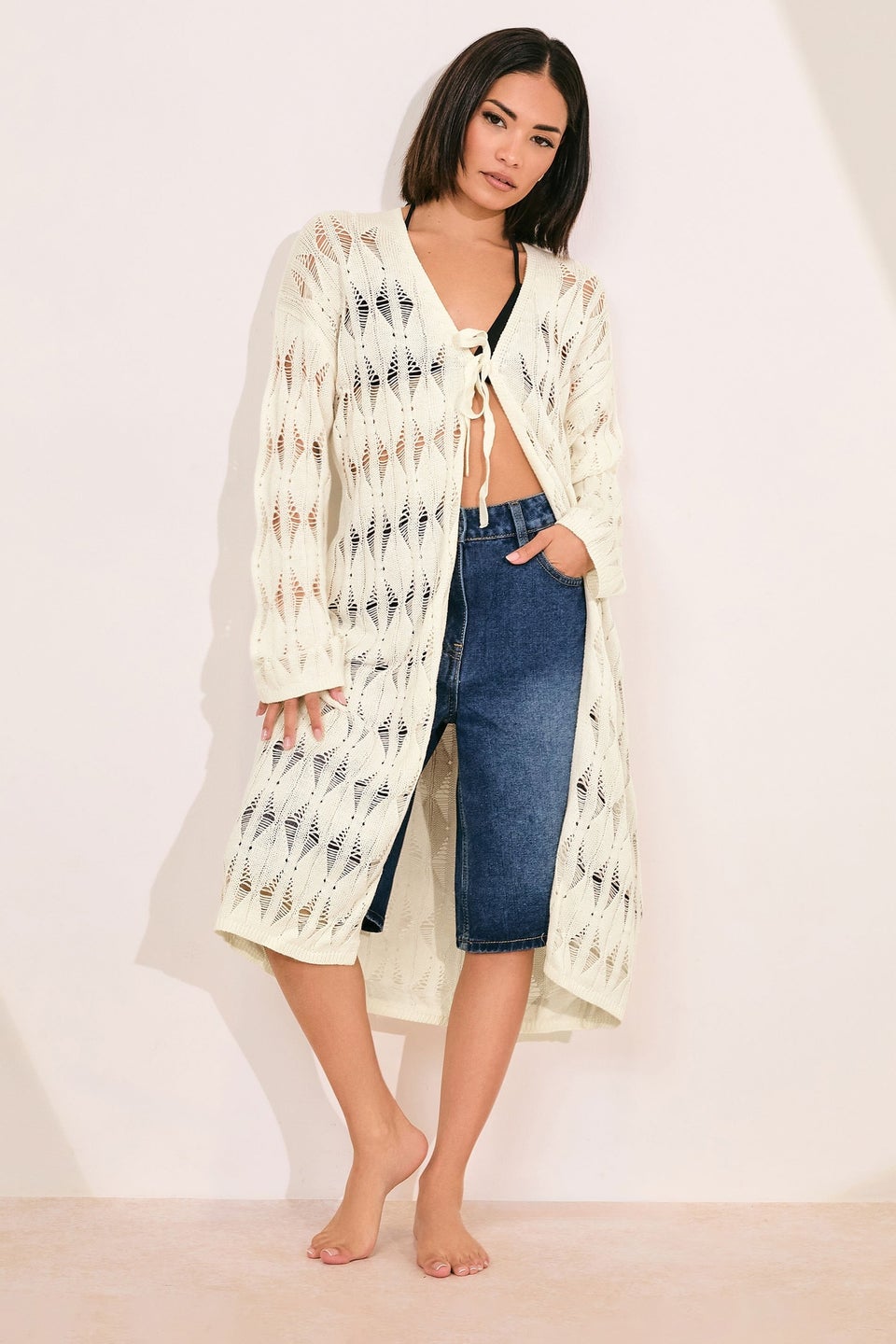 Pixiegirl Ivory White Crochet Maxi Tie Cardigan