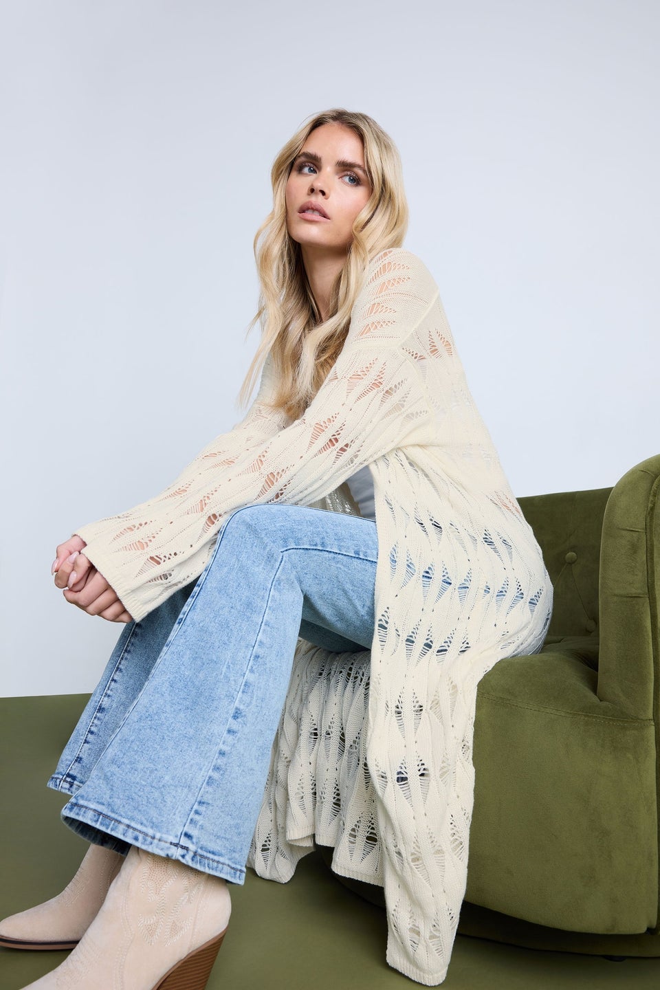 Pixiegirl Ivory White Crochet Maxi Tie Cardigan