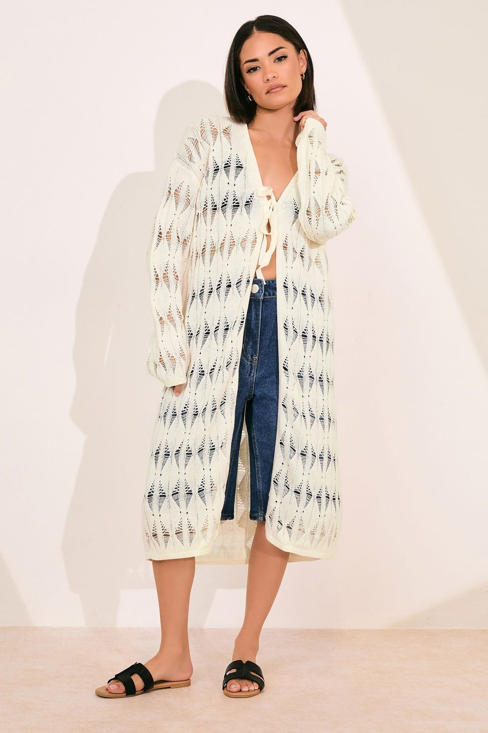 Pixiegirl Ivory White Crochet Maxi Tie Cardigan