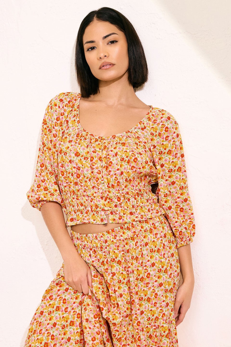 Pixiegirl Orange Ditsy Floral Puff Sleeve Top