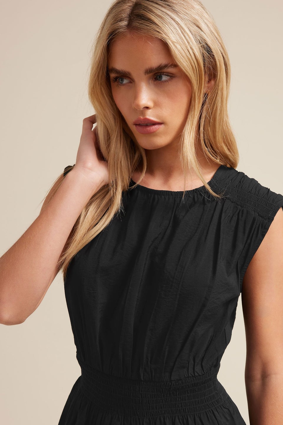 PixieGirl Petite Black Woven Shirred Waist Top