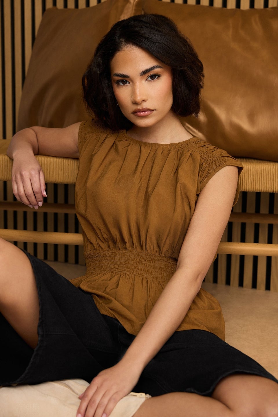 Pixiegirl Petite Brown Woven Shirred Waist Top