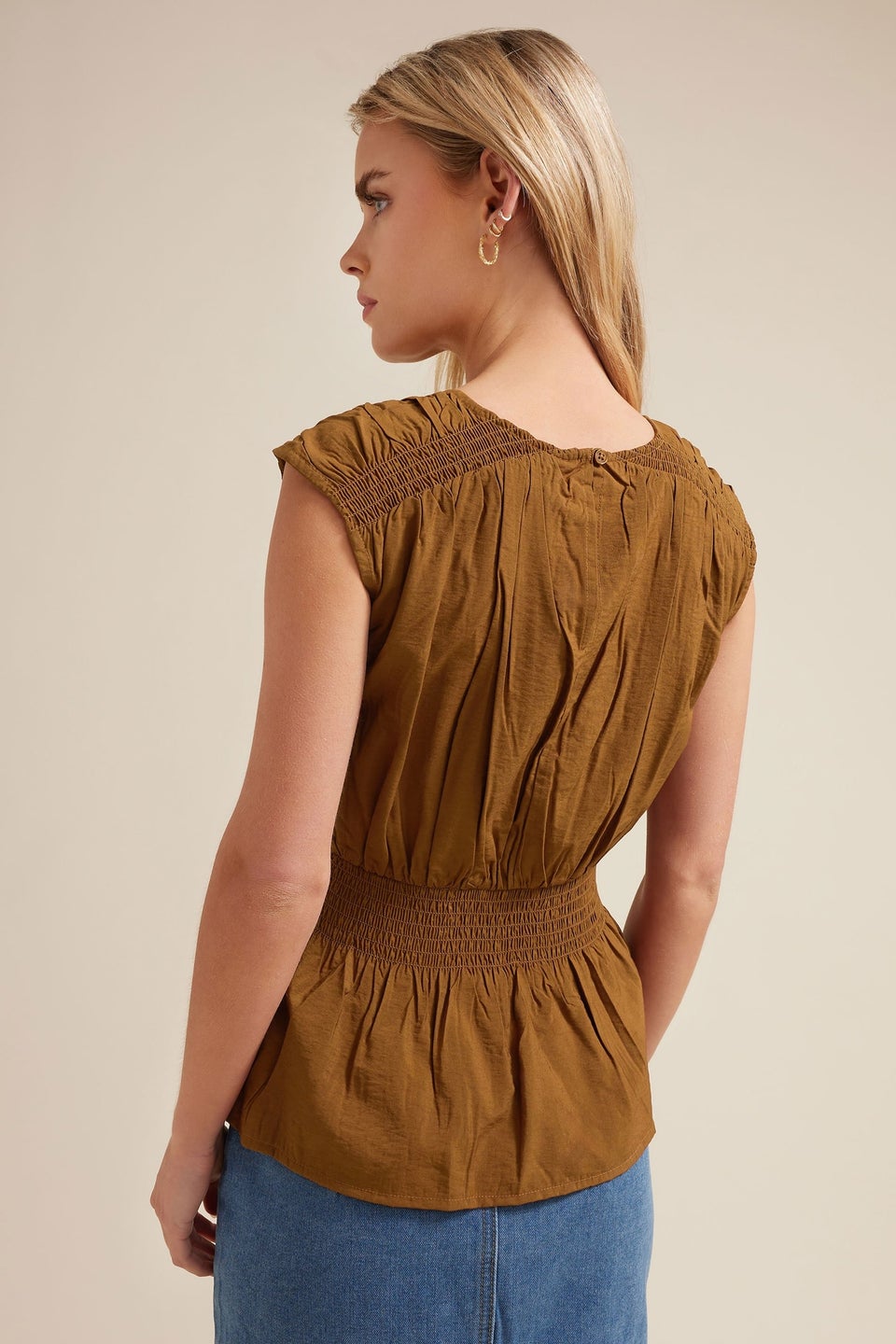 Pixiegirl Petite Brown Woven Shirred Waist Top