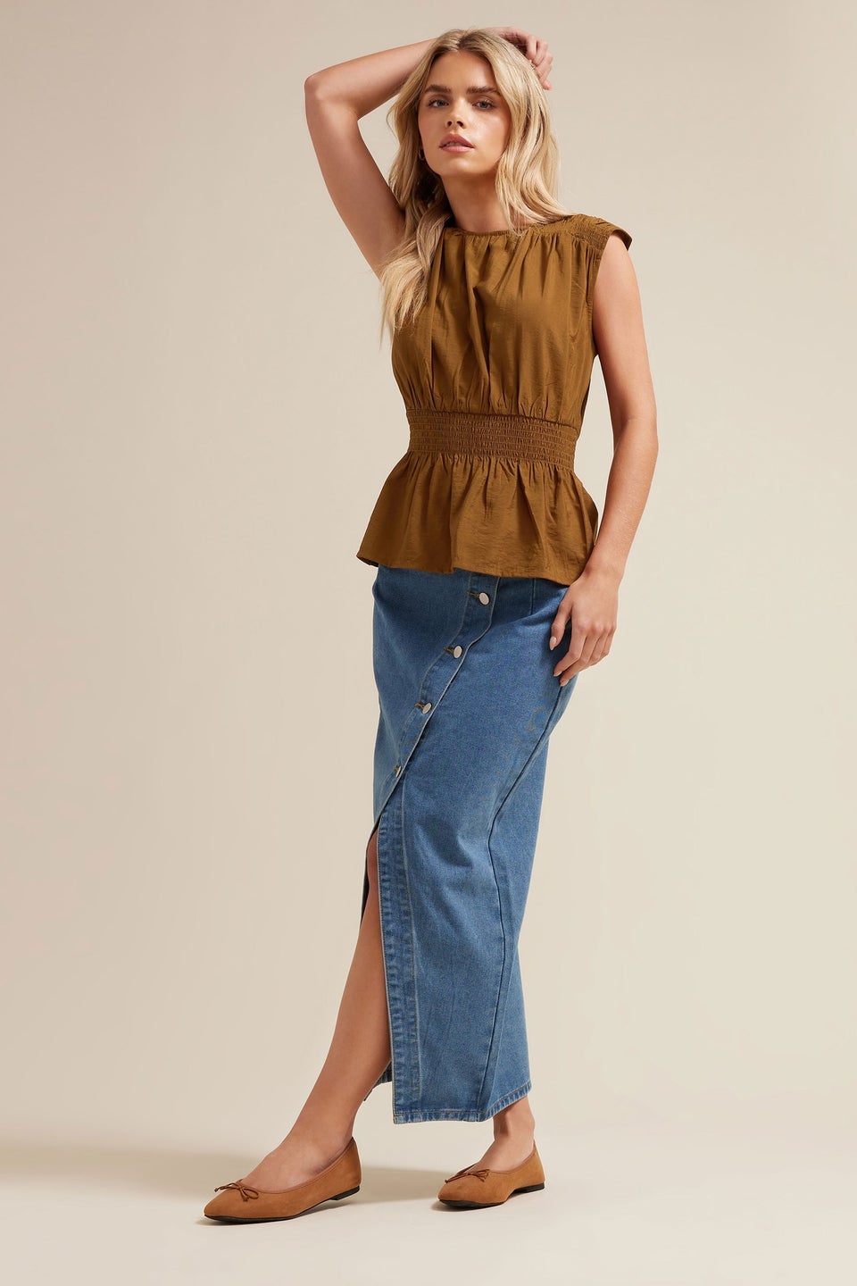Pixiegirl Petite Brown Woven Shirred Waist Top
