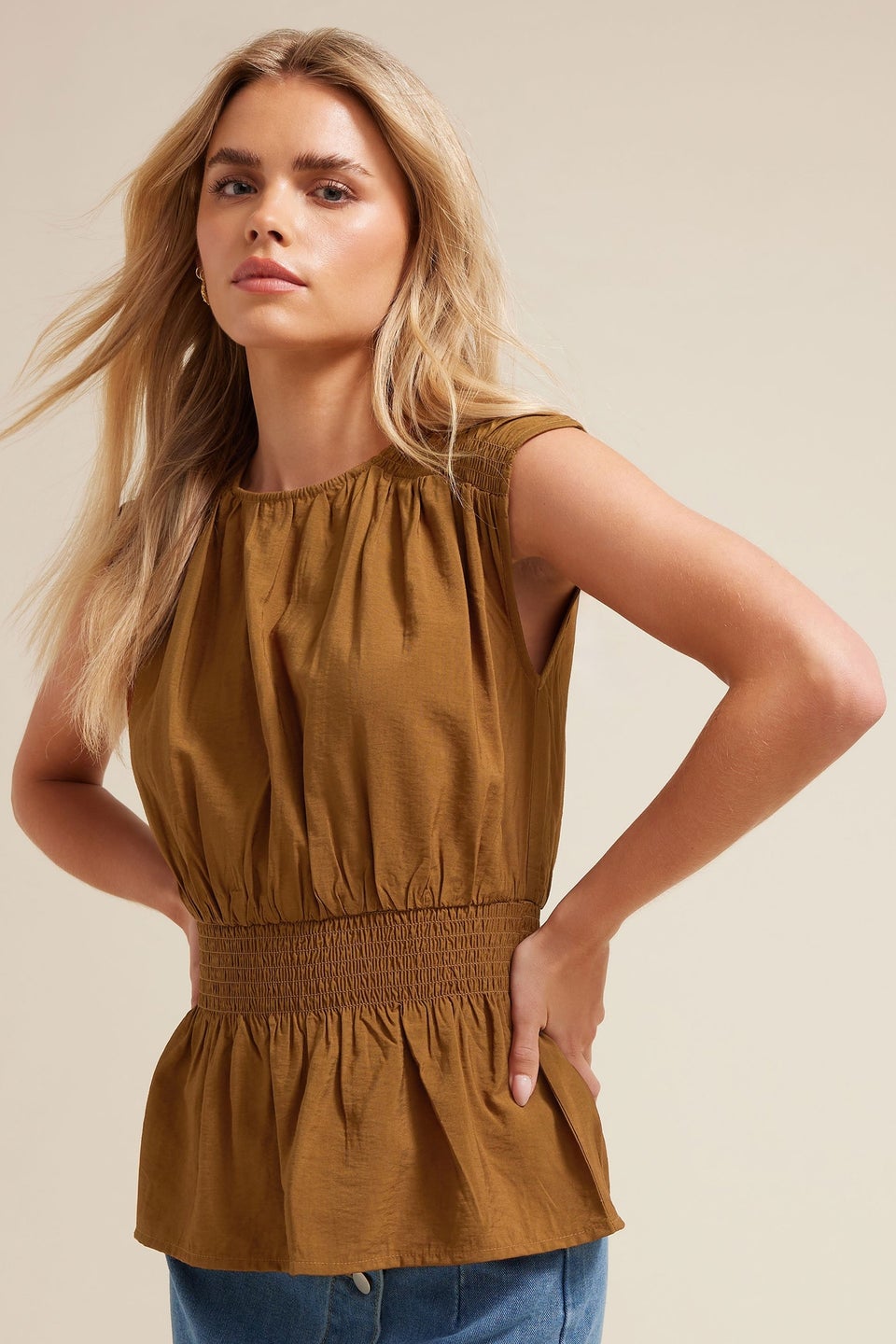 Pixiegirl Petite Brown Woven Shirred Waist Top