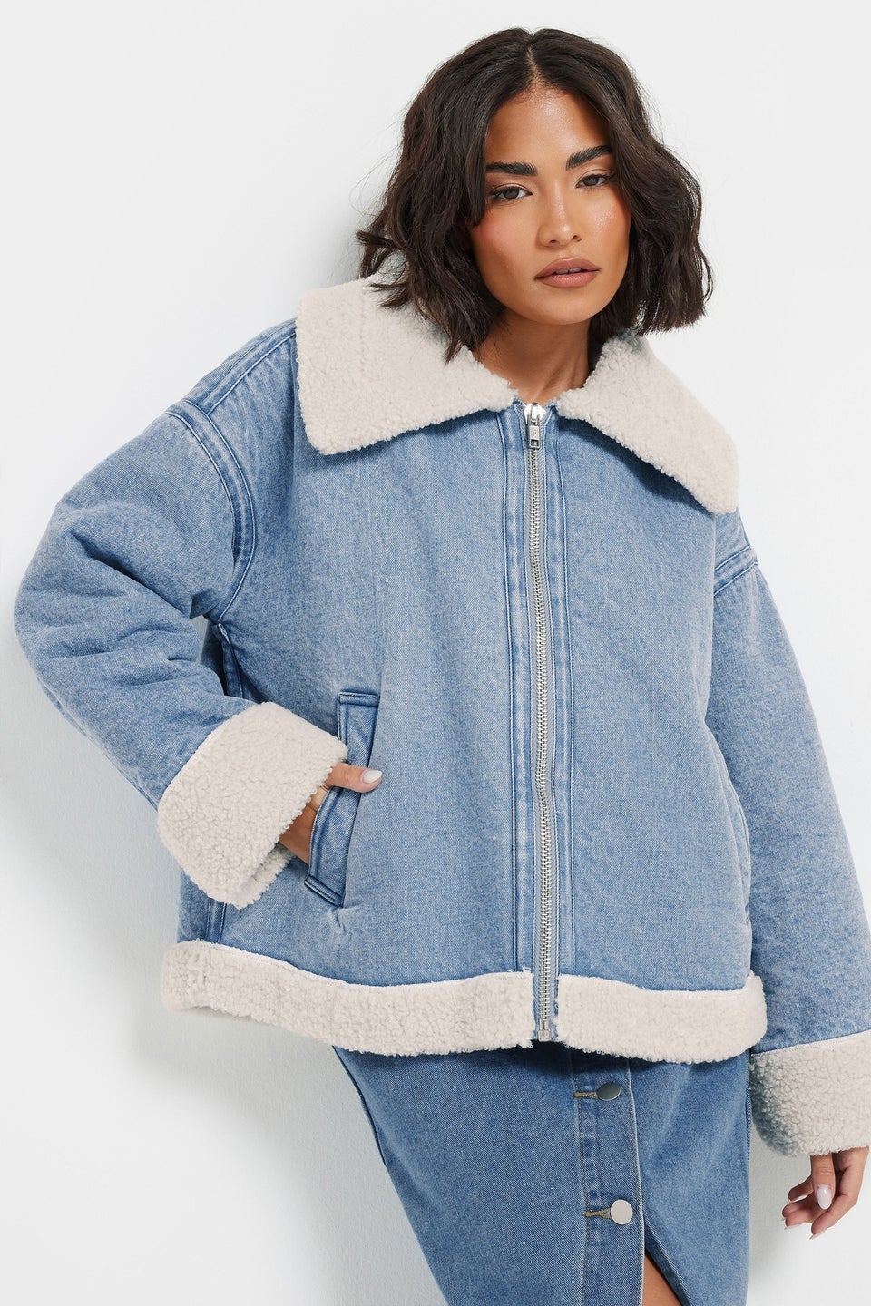 Pixiegirl Light Blue Denim Borg Zip Jacket