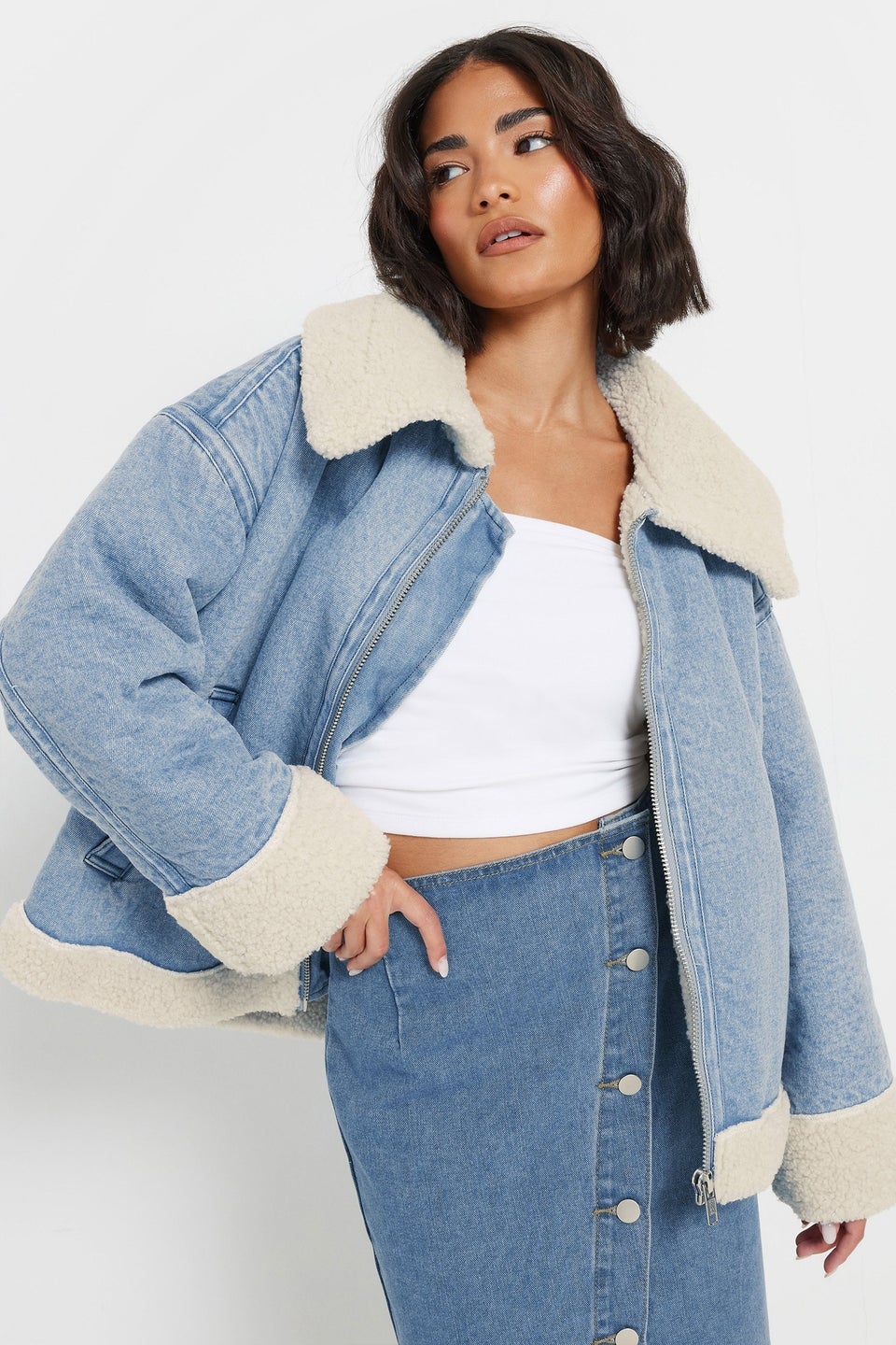 Pixiegirl Light Blue Denim Borg Zip Jacket