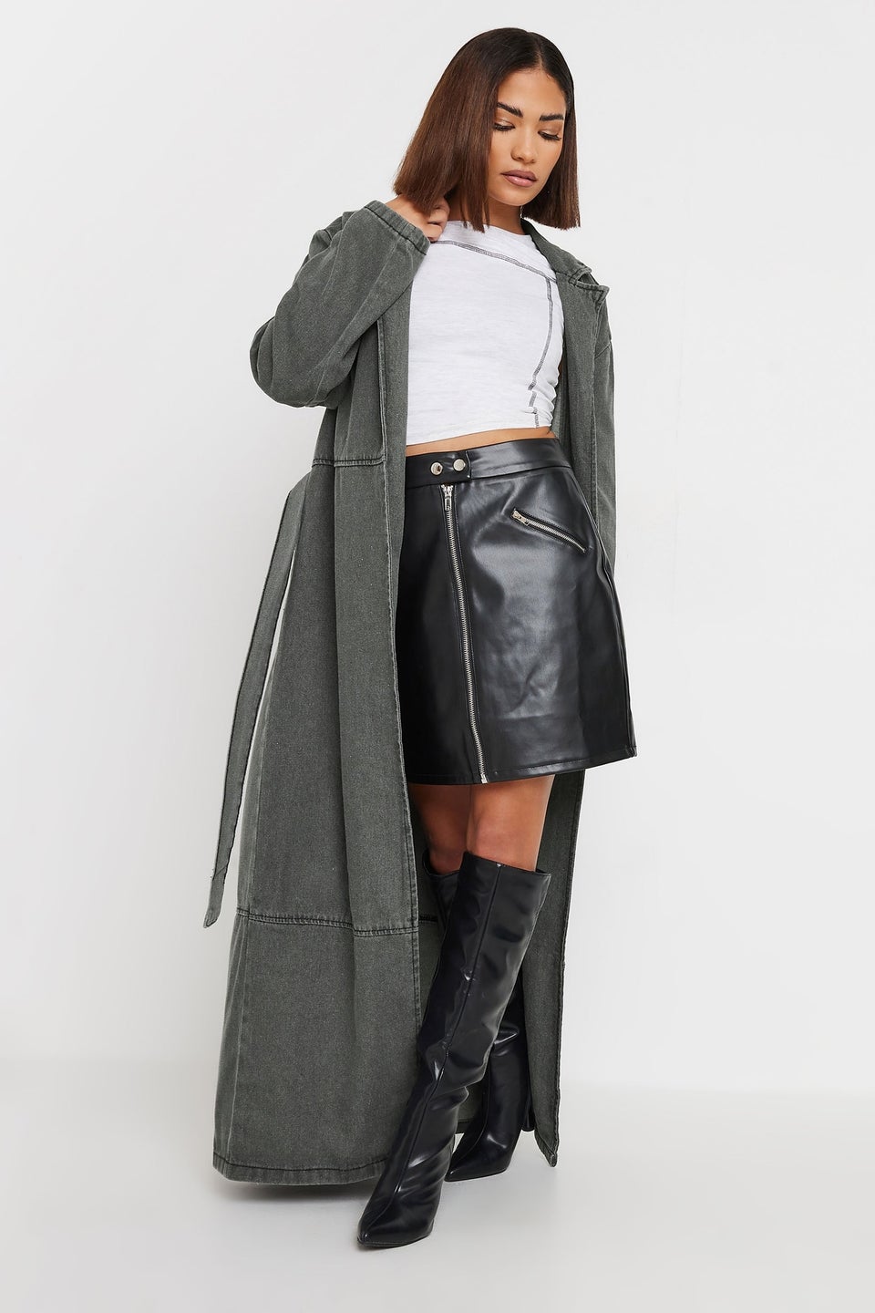 Pixiegirl Grey Wash Denim Longline Trench Coat