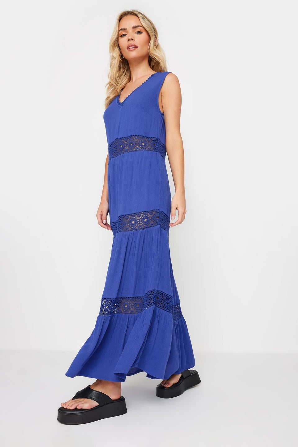 PixieGirl Petite Blue Crochet Trim Tiered Maxi Dress