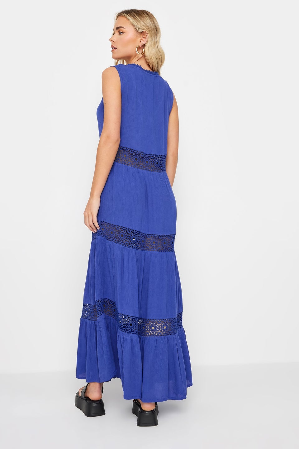 PixieGirl Petite Blue Crochet Trim Tiered Maxi Dress