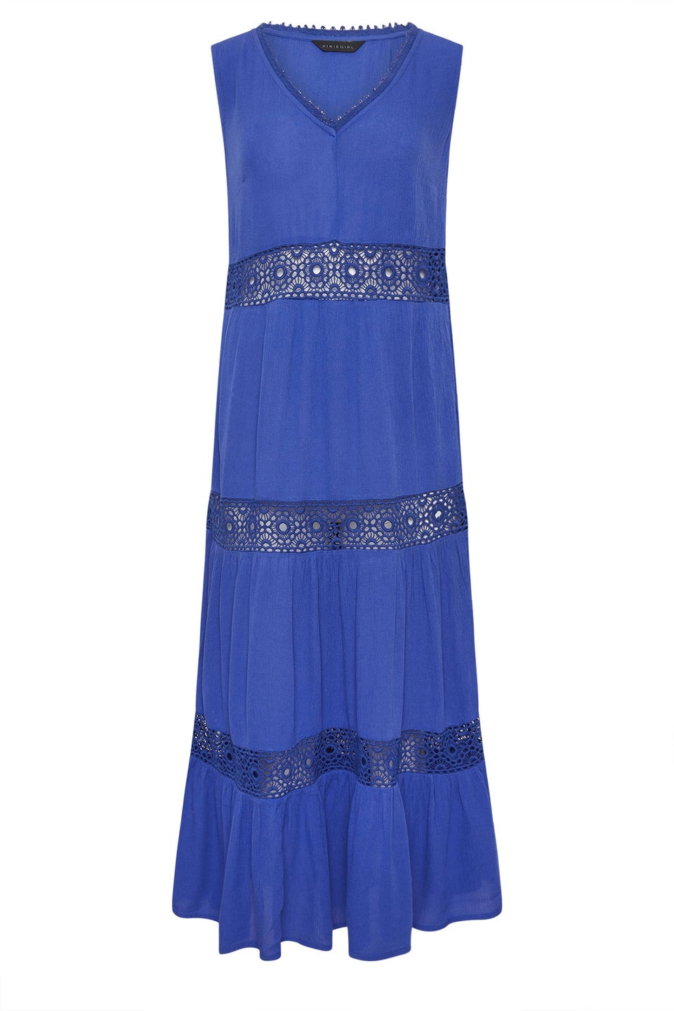 PixieGirl Petite Blue Crochet Trim Tiered Maxi Dress