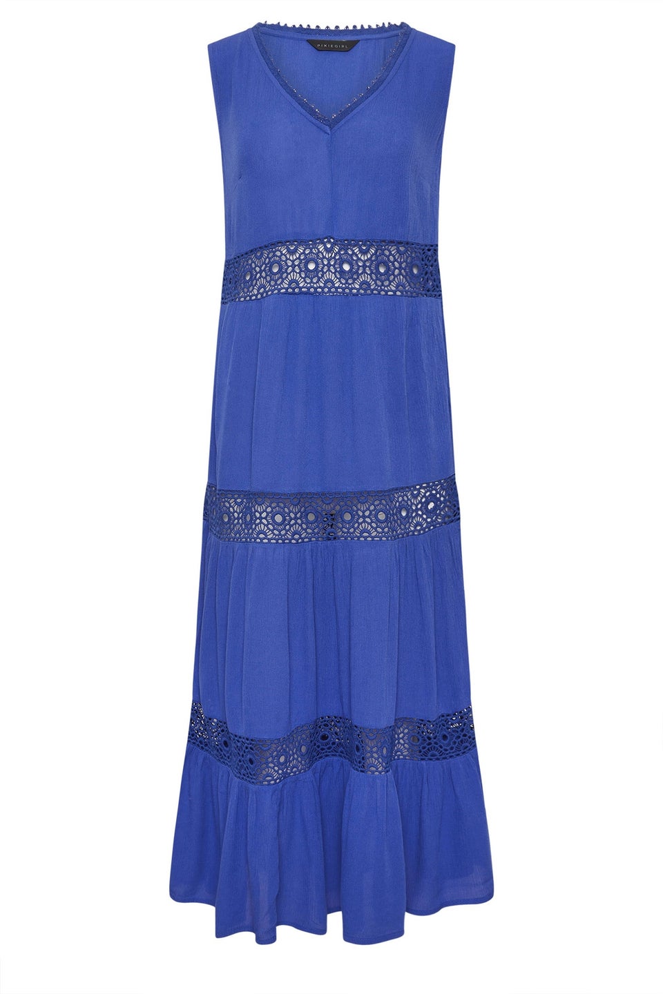 PixieGirl Petite Blue Crochet Trim Tiered Maxi Dress