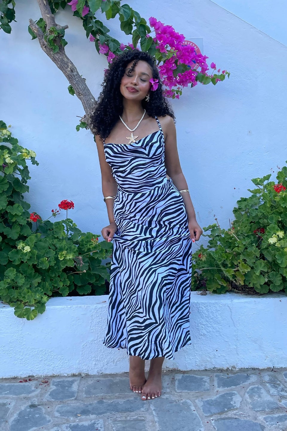PixieGirl Petite Black Zebra Print Cowl Neck Maxi Slip Dress