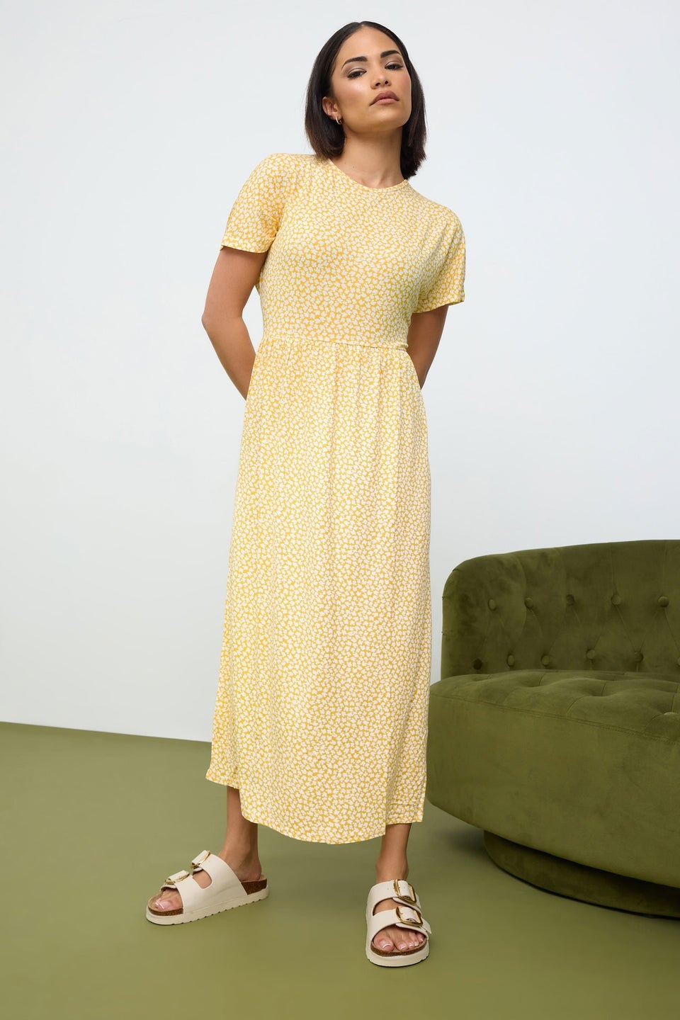 Pixiegirl Yellow Ditsy Floral Print Midi Smock Dress