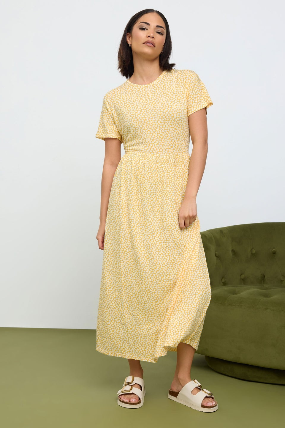 Pixiegirl Yellow Ditsy Floral Print Midi Smock Dress