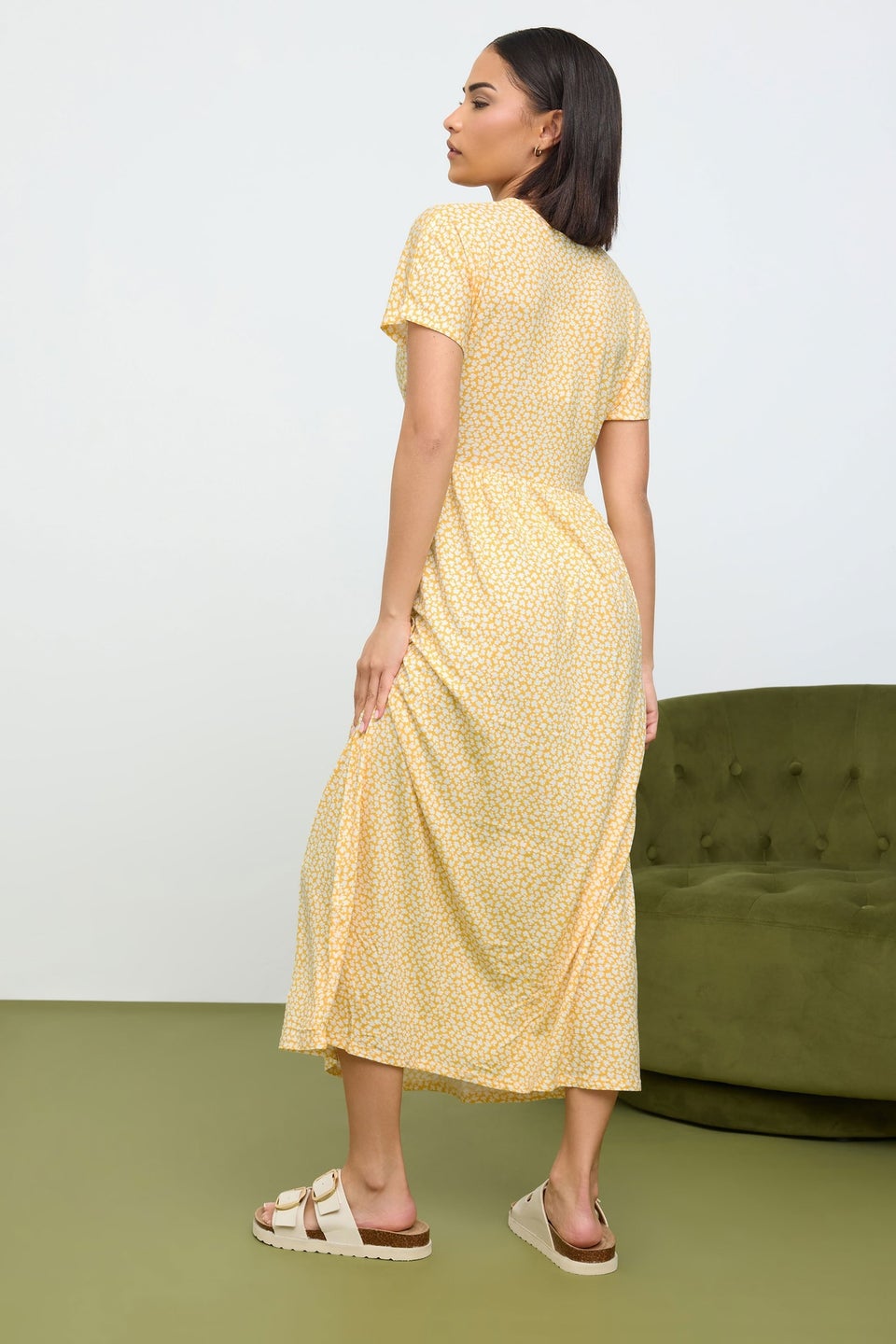 Pixiegirl Yellow Ditsy Floral Print Midi Smock Dress