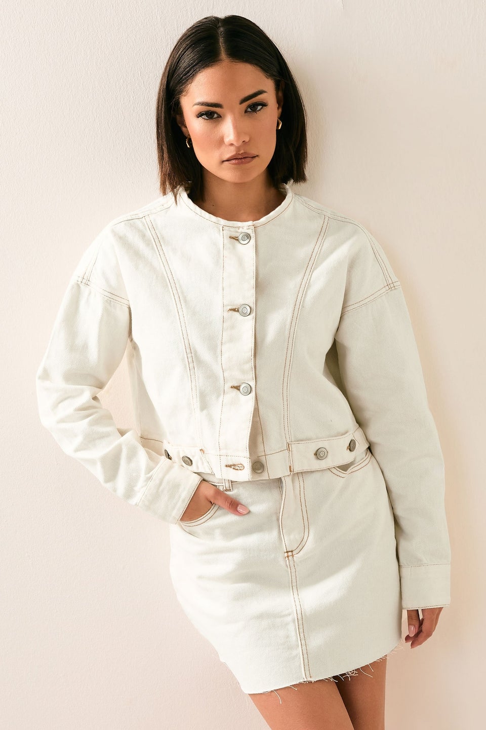 Pixiegirl Cream Denim Contrast Stitch Collarless Jacket