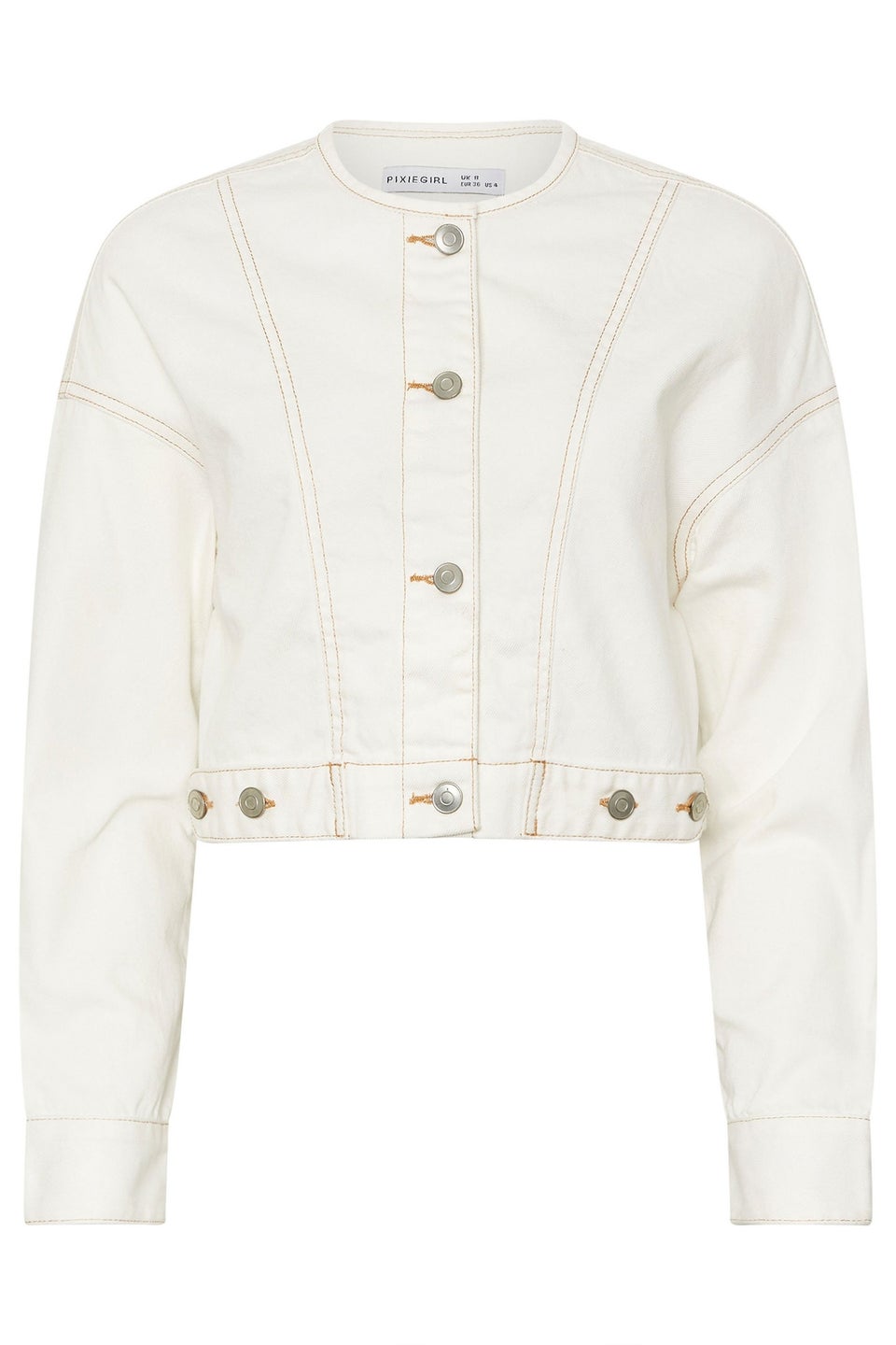 Pixiegirl Cream Denim Contrast Stitch Collarless Jacket